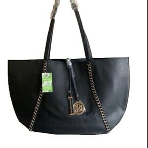 NWT Badgley Mischka Black Tote with Gold Chain Accents